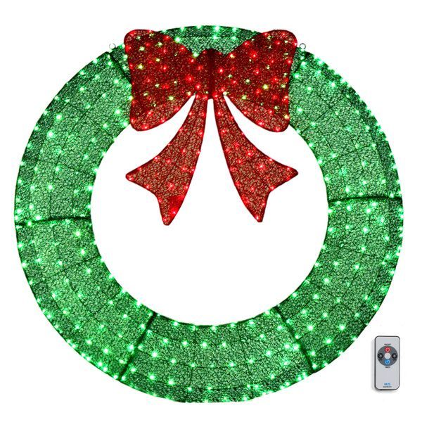 60in Pre-Lit Outdoor Christmas Wreath Decoration, LED Metal Holiday Decor For Home Exterior, Garden W 400 Lights, Bow - Green Red