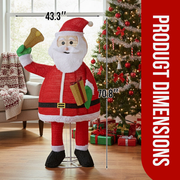 6FT Lighted Santa Claus Holding Bell Christmas Yard Decorations, Pre-lit Pull Up Santa With 200 Warm White LEDs, For Xmas Outdoor Holiday Indoor Decor Lighted Holiday Displays