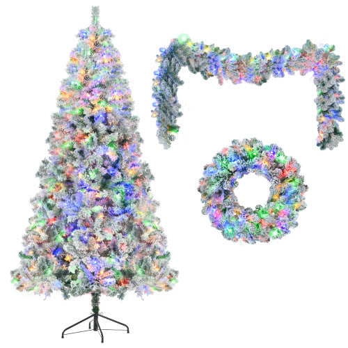 6FT Snow Flocked Christmas Tree, Pre-Lit Set With Tree & Garland & Wreath, Artificial Hinged Xmas Tree With Colorful LED Lights, 8 Lighting Modes, Pine Cones, Holiday For Home