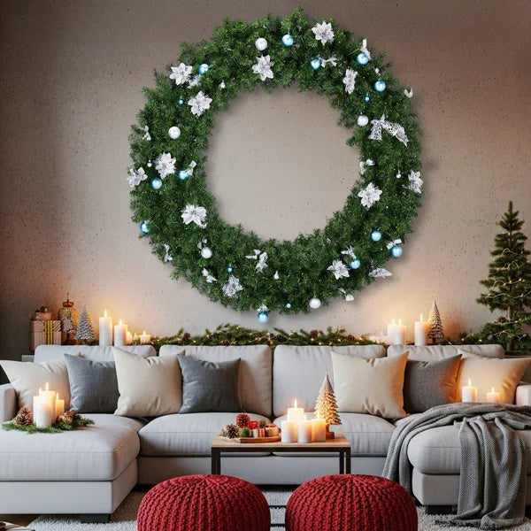 60in Pre-lit Christmas Wreath, Lighted Artificial Xmas Wreath With 220 Cold & Warm White Lights And 600 PVC Tips And DIY Ornaments, For Front Door Gate Wall Xmas Party Decorations, Light Green