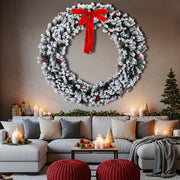 60in Pre-lit Snow Flocked Christmas Wreath, Lighted Artificial Xmas Wreath With 220 Warm White Lights And 600 PVC Tips And DIY Ornaments, For Front Door Gate Wall Xmas Party Decorations, Snowy Green