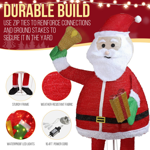 6FT Lighted Santa Claus Holding Bell Christmas Yard Decorations, Pre-lit Pull Up Santa With 200 Warm White LEDs, For Xmas Outdoor Holiday Indoor Decor Lighted Holiday Displays