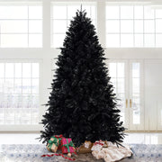 Prelit Black Christmas Tree With White Lights Artificial Fake Christmas Tree With PE&PVC Branch Tips For Halloween And Xmas Tree For Holiday Decorations, Metal Stand And Hinged Branches