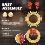 60in Pre-Lit Outdoor Christmas Wreath Decoration, LED Metal Holiday Decor For Home Exterior, Garden W 400 Lights, Bow - Gold Red