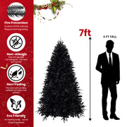 Prelit Black Christmas Tree With White Lights Artificial Fake Christmas Tree With PE&PVC Branch Tips For Halloween And Xmas Tree For Holiday Decorations, Metal Stand And Hinged Branches