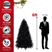Prelit Black Christmas Tree With White Lights Artificial Fake Christmas Tree With PE&PVC Branch Tips For Halloween And Xmas Tree For Holiday Decorations, Metal Stand And Hinged Branches