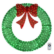 60in Pre-Lit Outdoor Christmas Wreath Decoration, LED Metal Holiday Decor For Home Exterior, Garden W  400 Lights, Bow - Green Red