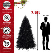 Prelit Black Christmas Tree With White Lights Artificial Fake Christmas Tree With PE&PVC Branch Tips For Halloween And Xmas Tree For Holiday Decorations, Metal Stand And Hinged Branches