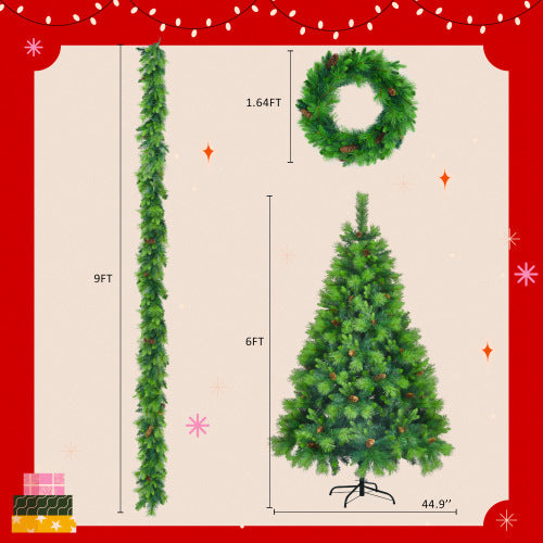 6FT Grass Green Christmas Tree, Large Branches Pine Tree, Pre-Lit Set With Tree  Garland & Wreath, Artificial Christmas With Pine Cones, Hinged Xmas Tree , For Holiday Party Ofiice Home