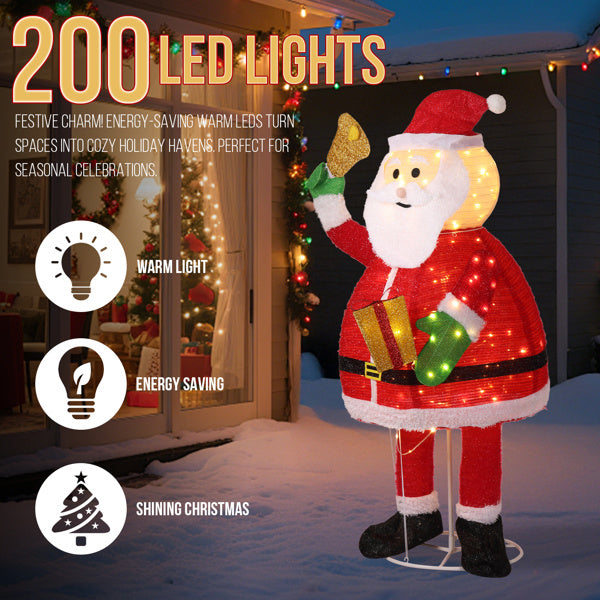 6FT Lighted Santa Claus Holding Bell Christmas Yard Decorations, Pre-lit Pull Up Santa With 200 Warm White LEDs, For Xmas Outdoor Holiday Indoor Decor Lighted Holiday Displays