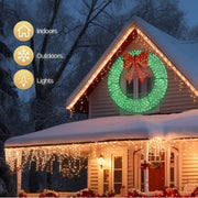 60in Pre-Lit Outdoor Christmas Wreath Decoration, LED Metal Holiday Decor For Home Exterior, Garden W  400 Lights, Bow - Green Red