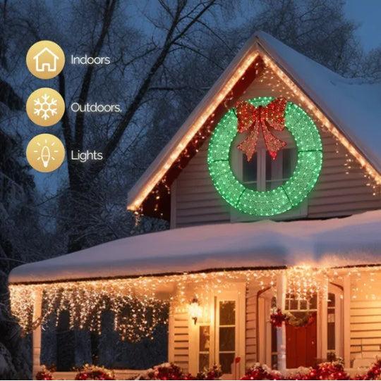 60in Pre-Lit Outdoor Christmas Wreath Decoration, LED Metal Holiday Decor For Home Exterior, Garden W  400 Lights, Bow - Green Red