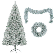 6FT Snow Flocked Christmas Tree, Pre-Lit Set With Tree & Garland & Wreath, Artificial Hinged Xmas Tree With Colorful LED Lights, 8 Lighting Modes, Pine Cones, Holiday For Home