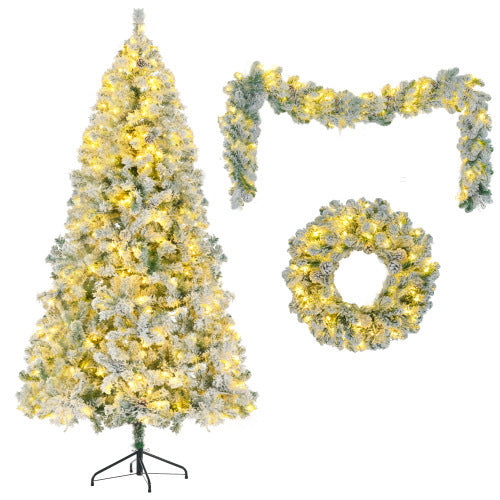 6FT Snow Flocked Christmas Tree, Pre-Lit Set With Tree & Garland & Wreath, Artificial Hinged Xmas Tree With Colorful LED Lights, 8 Lighting Modes, Pine Cones, Holiday For Home