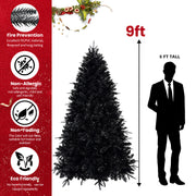Prelit Black Christmas Tree With White Lights Artificial Fake Christmas Tree With PE&PVC Branch Tips For Halloween And Xmas Tree For Holiday Decorations, Metal Stand And Hinged Branches