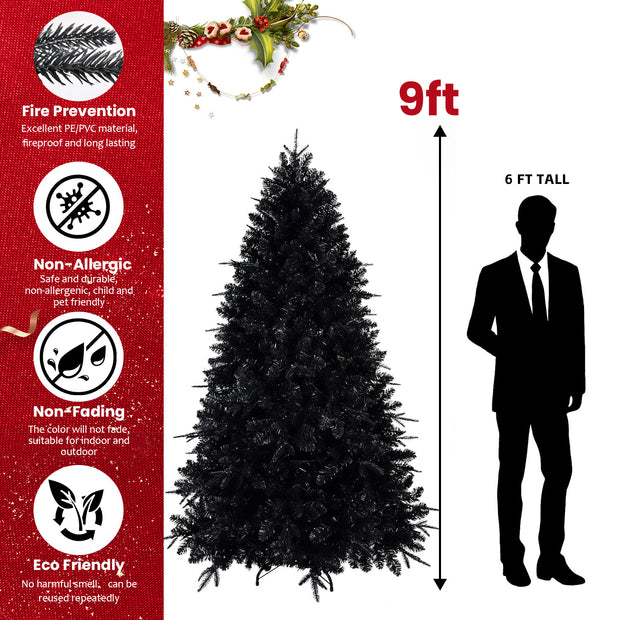 Prelit Black Christmas Tree With White Lights Artificial Fake Christmas Tree With PE&PVC Branch Tips For Halloween And Xmas Tree For Holiday Decorations, Metal Stand And Hinged Branches