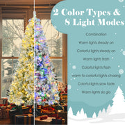 6FT Snow Flocked Christmas Tree, Pre-Lit Set With Tree & Garland & Wreath, Artificial Hinged Xmas Tree With Colorful LED Lights, 8 Lighting Modes, Pine Cones, Holiday For Home