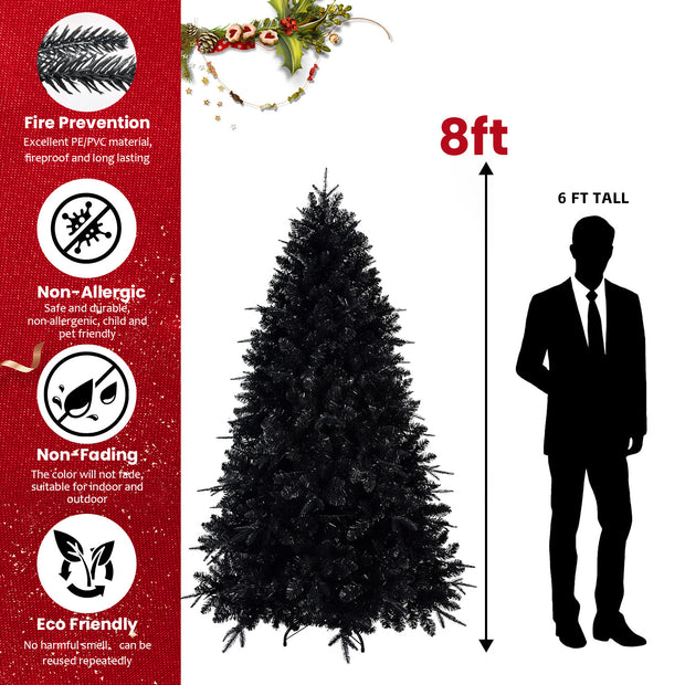 Prelit Black Christmas Tree With White Lights Artificial Fake Christmas Tree With PE&PVC Branch Tips For Halloween And Xmas Tree For Holiday Decorations, Metal Stand And Hinged Branches