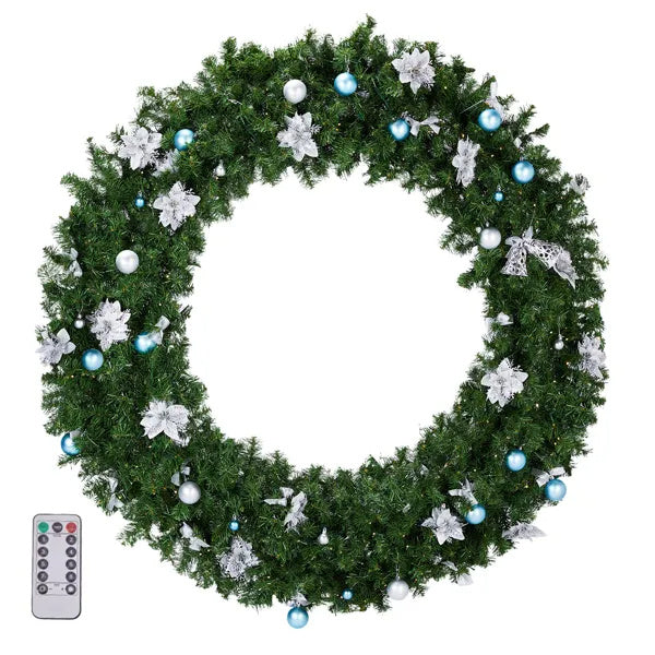60in Pre-lit Christmas Wreath, Lighted Artificial Xmas Wreath With 220 Cold & Warm White Lights And 600 PVC Tips And DIY Ornaments, For Front Door Gate Wall Xmas Party Decorations, Light Green