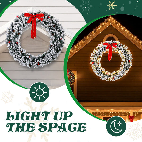 60in Pre-lit Snow Flocked Christmas Wreath, Lighted Artificial Xmas Wreath With 220 Warm White Lights And 600 PVC Tips And DIY Ornaments, For Front Door Gate Wall Xmas Party Decorations, Snowy Green